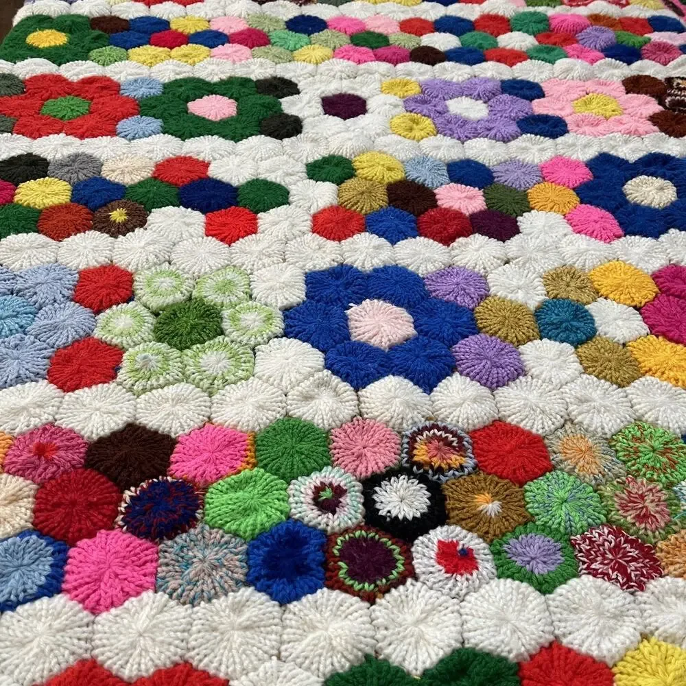 Vintage Grandmother's Flower Garden Crochet Afghan Blanket 79” x 84” Thick